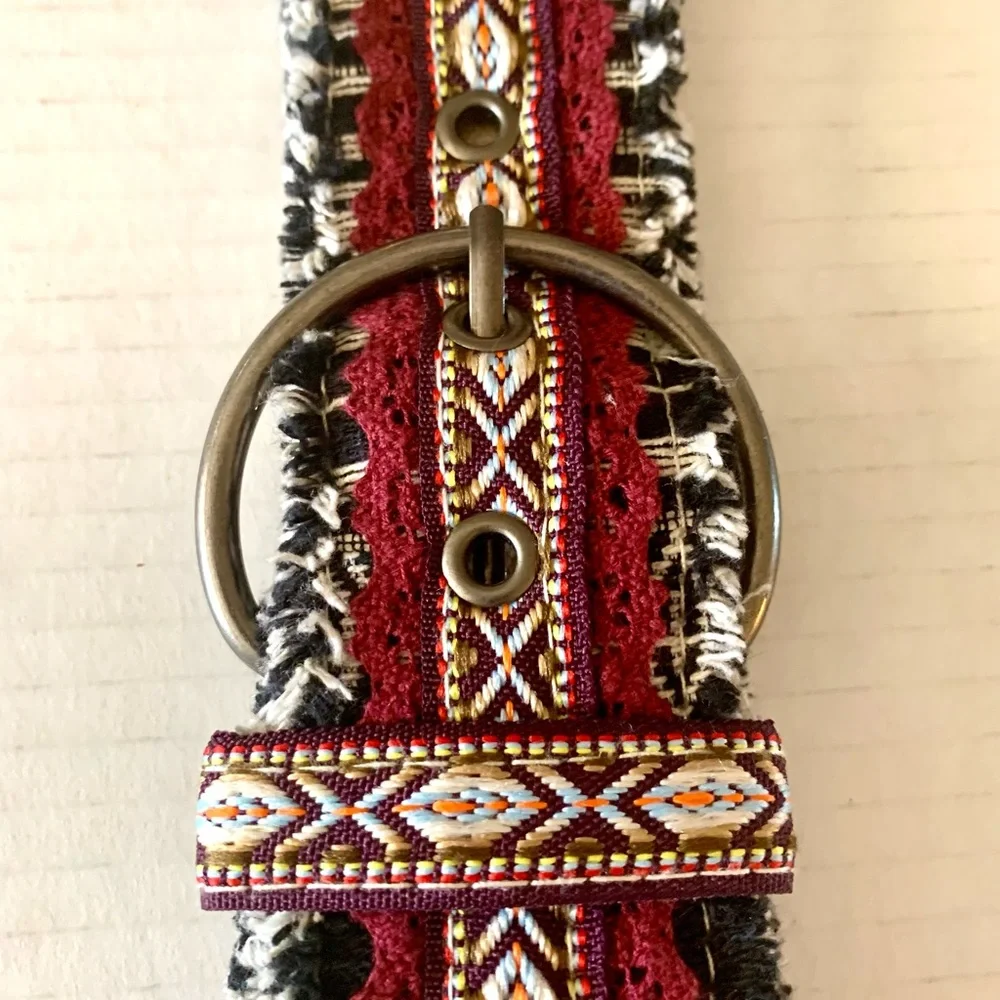 90s Aztec tribal print woven cloth fringe belt Bohemian Boho